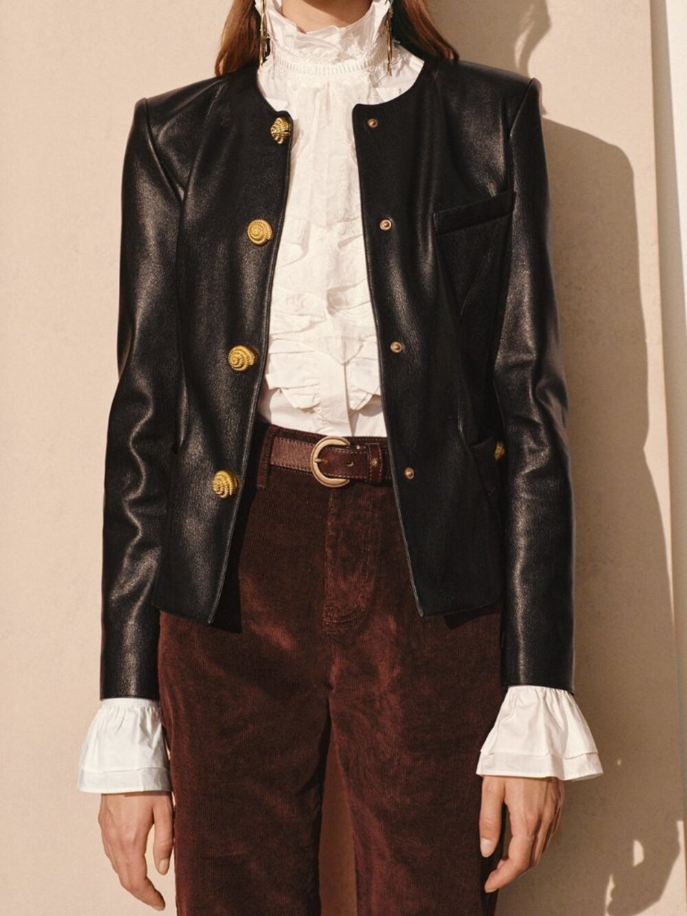 Black Elegant Women's Waist-Cinched Round Neck Faux Leather Jacket - Picture 5 of 8